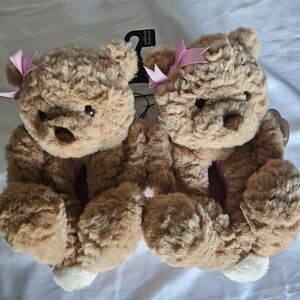 Wonder Nation Brown Teddy Bear Slippers with Pink Bows